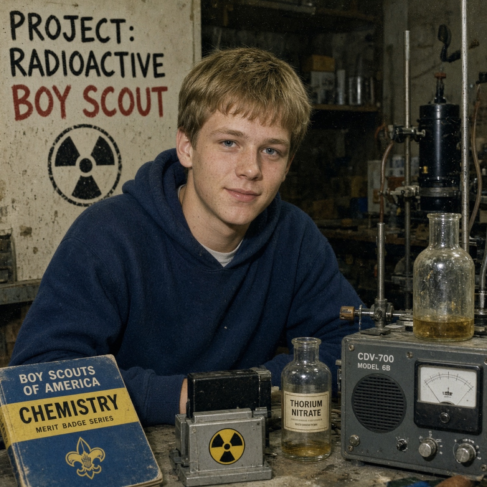 A boy scout in a basement laboratory with a Geiger counter, a bottle of thorium nitrate, and a hand-painted sign reading PROJECT: RADIOACTIVE BOY SCOUT